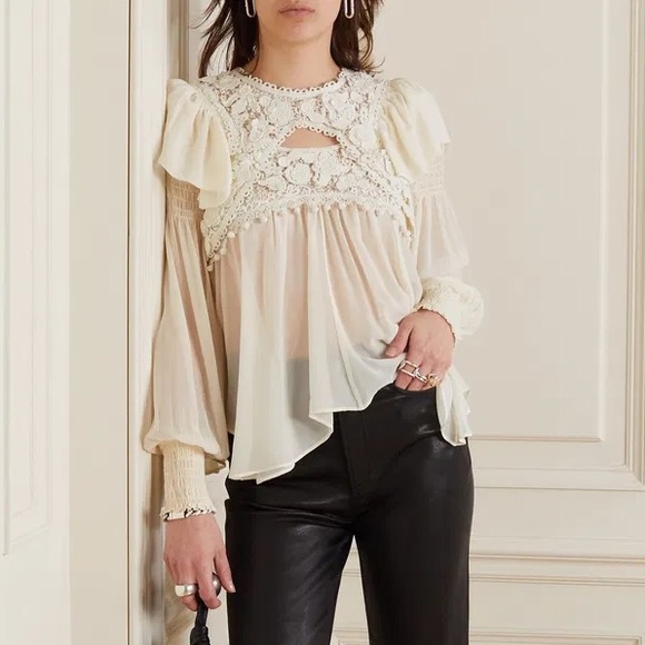 Isabel Marant Tops - Isabel Marant Rokia cutout crochet trimmed silk blouse in cream